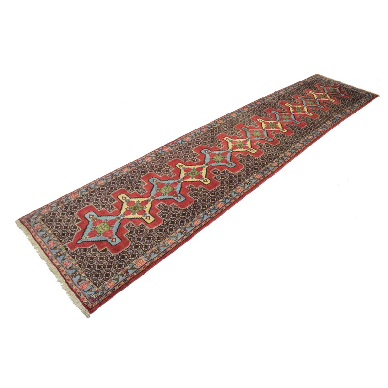 Tapis de couloir rouge en laine noué à la main de conception unique 2 pi 11 po x 13 pi 5 po années 1980 Ferrina