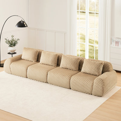 Flanelle de style moderne de 146 po sans os, 4 places, base coulissante, courbée, sans assemblage modulaire pour le salon, conception ergonomique, glissade, chameau