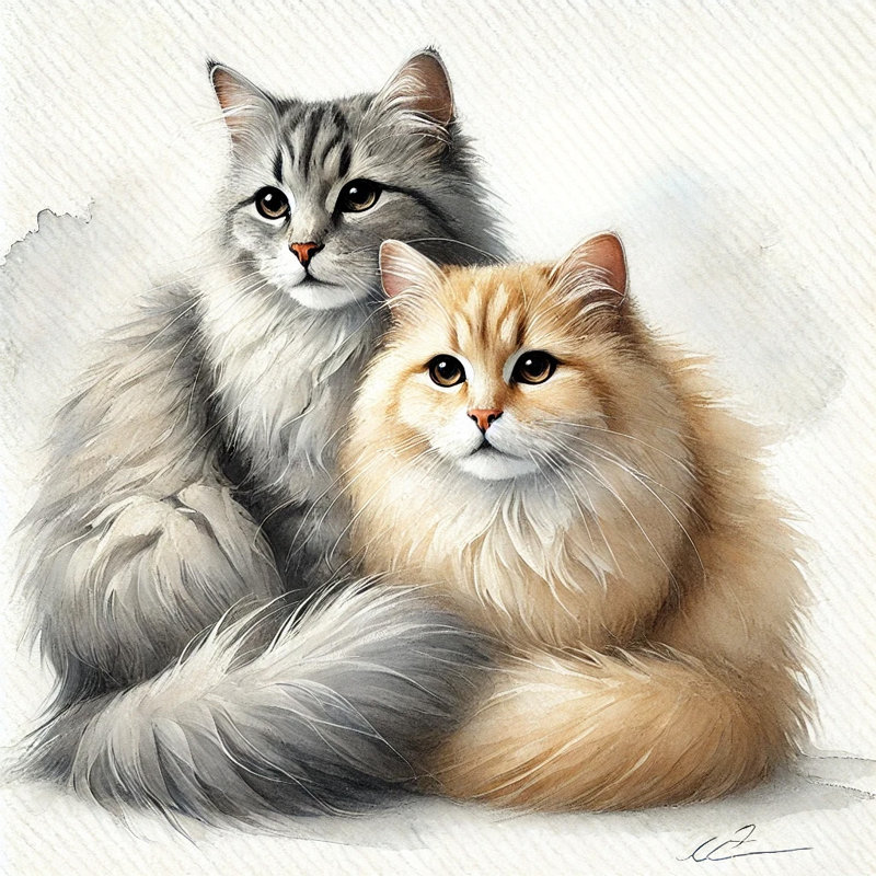 «Elegant Fluffy Cat Duo», art mural sur toile, H 12 po x l 12 po