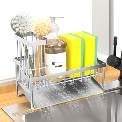 Kitchen Sink With Brush Holder, Kitchen Sink Cocina Organizer And Storage Dish Soap Sponge Caddy With Auto Stainless Steel Draining Tray
