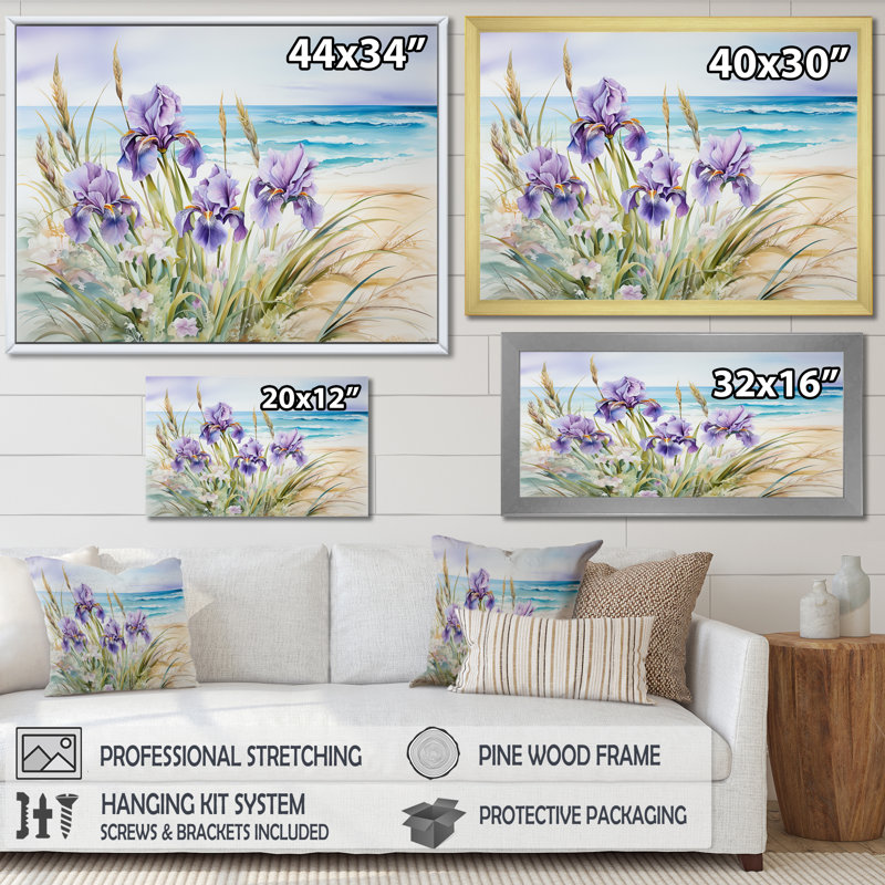 «Mauve iris sur la plage II», reproduction d'art sur toile, H 12 po x l 20 po x P 1 po, Toile tendue
