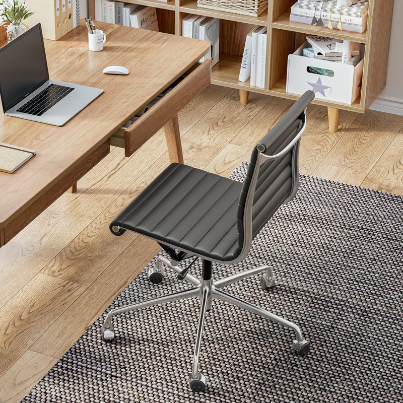 Mid Back Genuine Leather Armless Desk Chair with Aluminum Frame, Armless Task Chair, Black