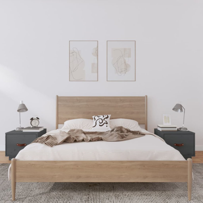 40cm W Solid Wood Bedside Table, Grey, Set of 2