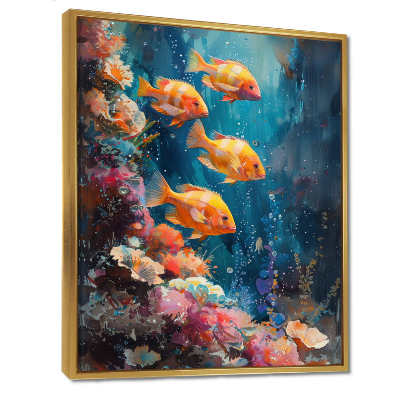 «Blue Orange Coral Marine Fish Life III», art mural corail, Cadre doré flottant, bois massif, H 24 po x l 32 po