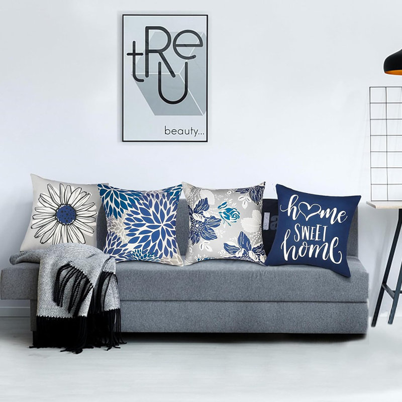 Ensemble de 4 housses de coussins décoratifs 18 x 18 po, Bleu / blanc / floral gris