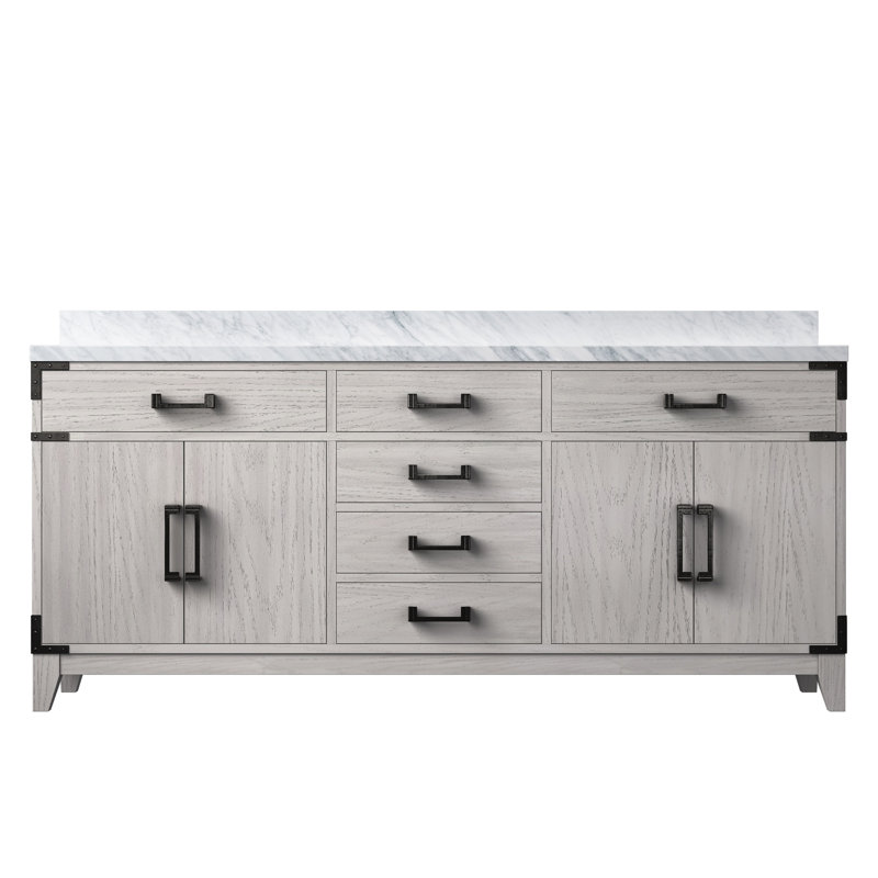 Plateau de meuble-lavabo double l 72 po x P 22 po Laurel, Chêne blanc, Marbre de Carrare blanc