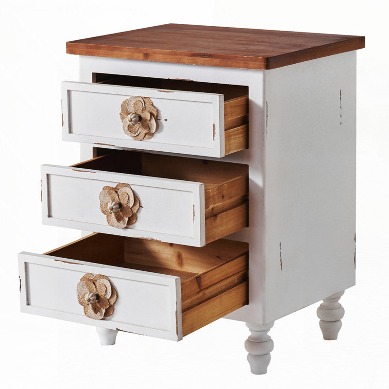 Table de chevet rétro avec 3 tiroirs, Blanc antique