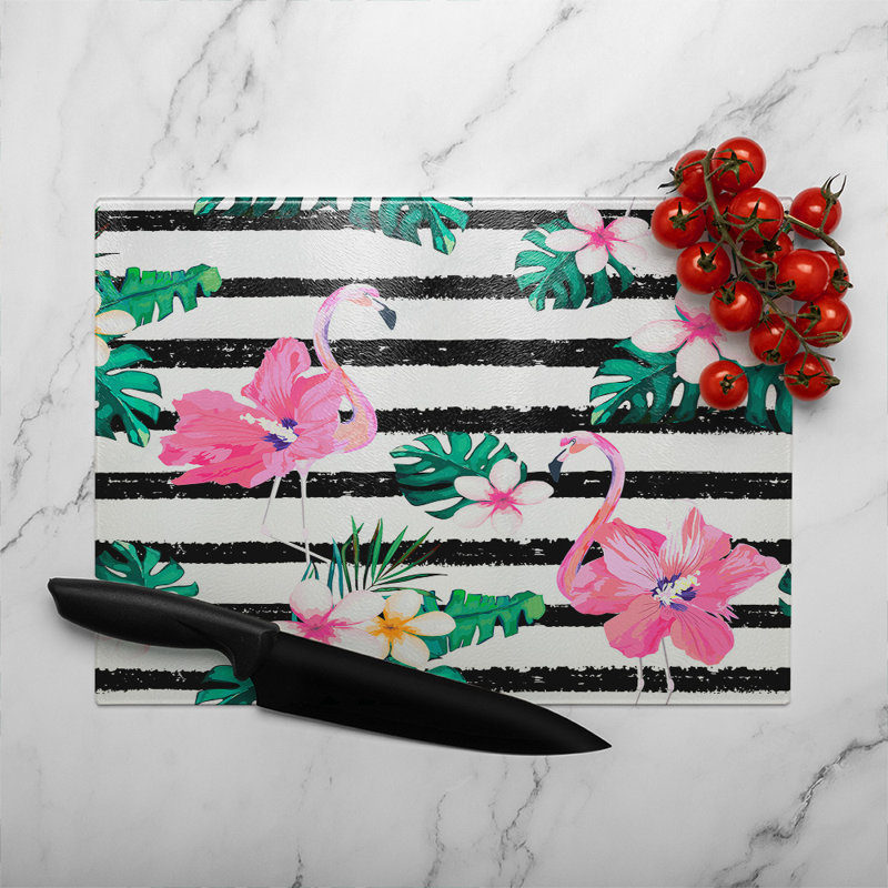 Floral Flamingos Glass Chopping Board, 40cm L x 28cm W