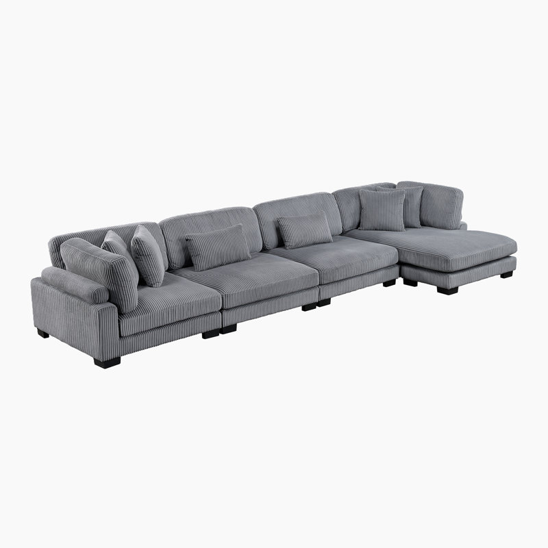 Hulett 180" Modern Modular Sectional with Corduroy Fabric, Adjustable Backrests & 6 Pillows, Gray Corduroy, 4