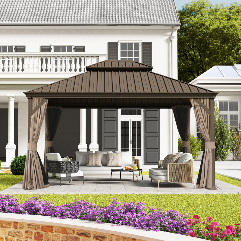 Pavillon de jardin d'extérieur en acier galvanisé avec double toit, Brun