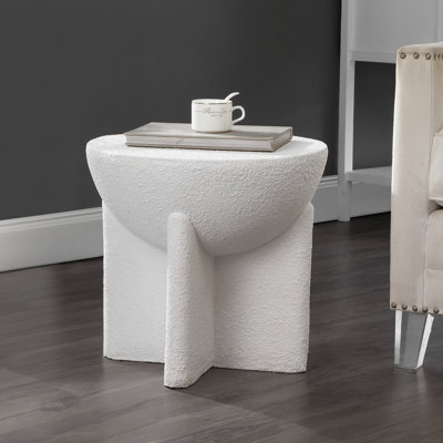 Brady Minimalist Geometric Polyresin Indoor/Outdoor Accent Table & Garden Stool, All-Weather Sculptural Side Table, White Frosted