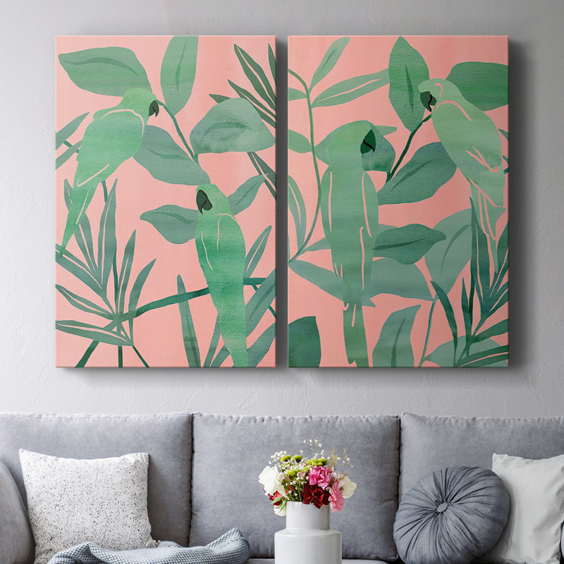 Oiseaux de paradis roses et verts - Toile tendue avec châssis de qualité supérieure - Prêt à être accroché, H 27 po x l 18 po