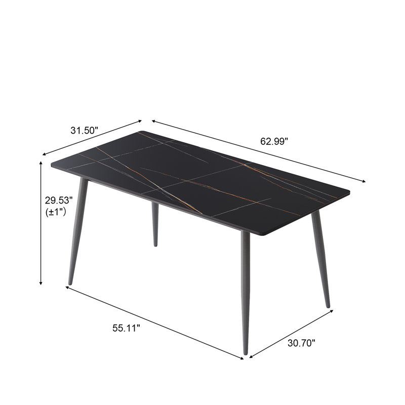 Table de salle à manger rectangulaire moderne en pierre frittée de 61,94 po avec pieds en métal gris foncé, pouvant accueillir 6 à 8 personnes, faible perméabilité à l'eau, table à pieds, conception, base stable, perméabilité