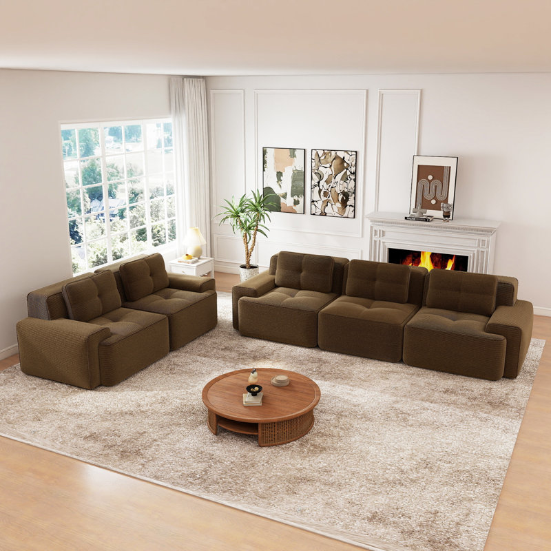 Ensemble de canapé 2 pièces 5 places en velours côtelé avec sièges profonds et coussins capitonnés sans assemblage, brun chocolat