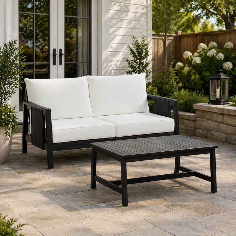 Ensemble de causeuse et table basse d'extérieur 2 pièces avec structure en bois d'acacia, textilène et coussins hydrofuges pour la terrasse et la cour