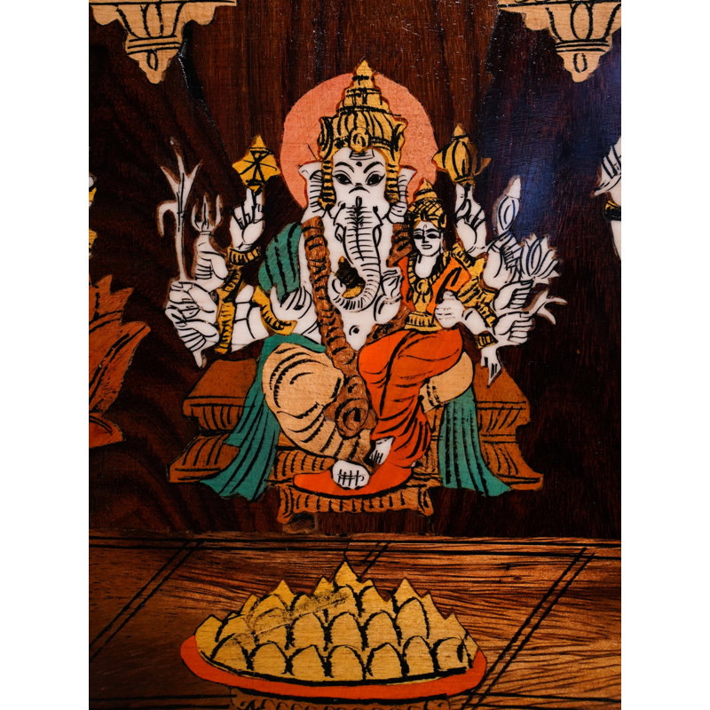 36" Attractive Ashta Ganesha Wood Panel – Natural Color Mysore Rosewood with Traditional Inlay Work, Handcrafted Hindu Spiritual Wall Art