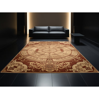 Tapis oriental traditionnel brun Pavni Astrolabe lavable à la machine