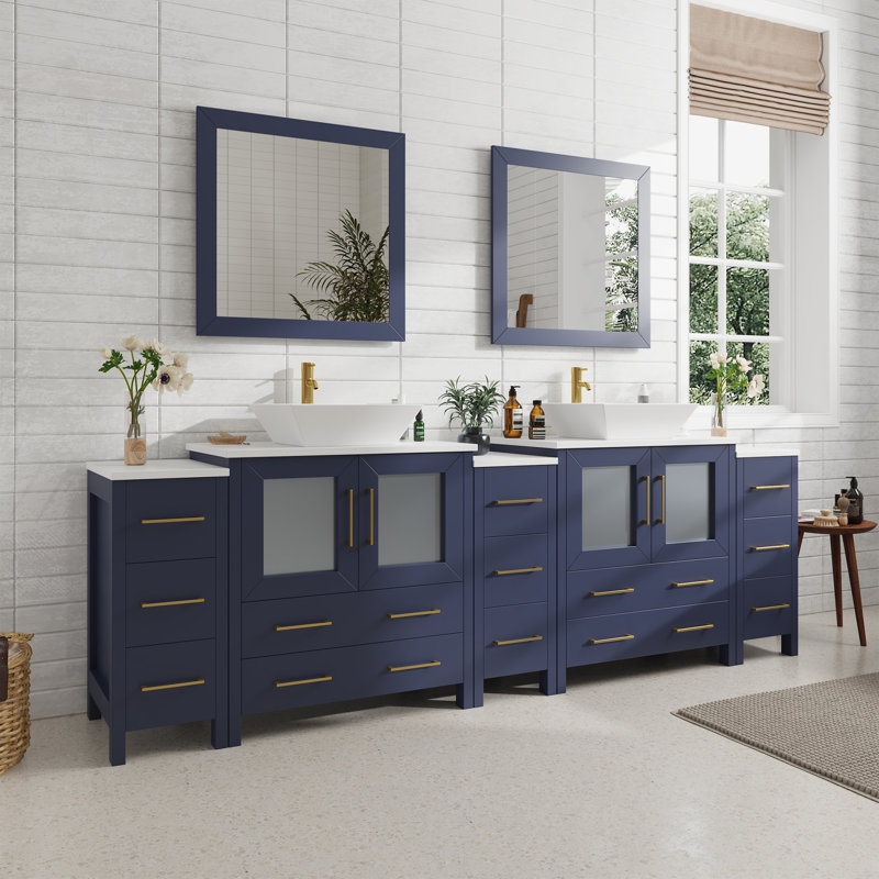 Ensemble de meuble-lavabo autoportant à double cuve 96 "avec plateau en marbre et miroirs assortis Ravenna, Bleu