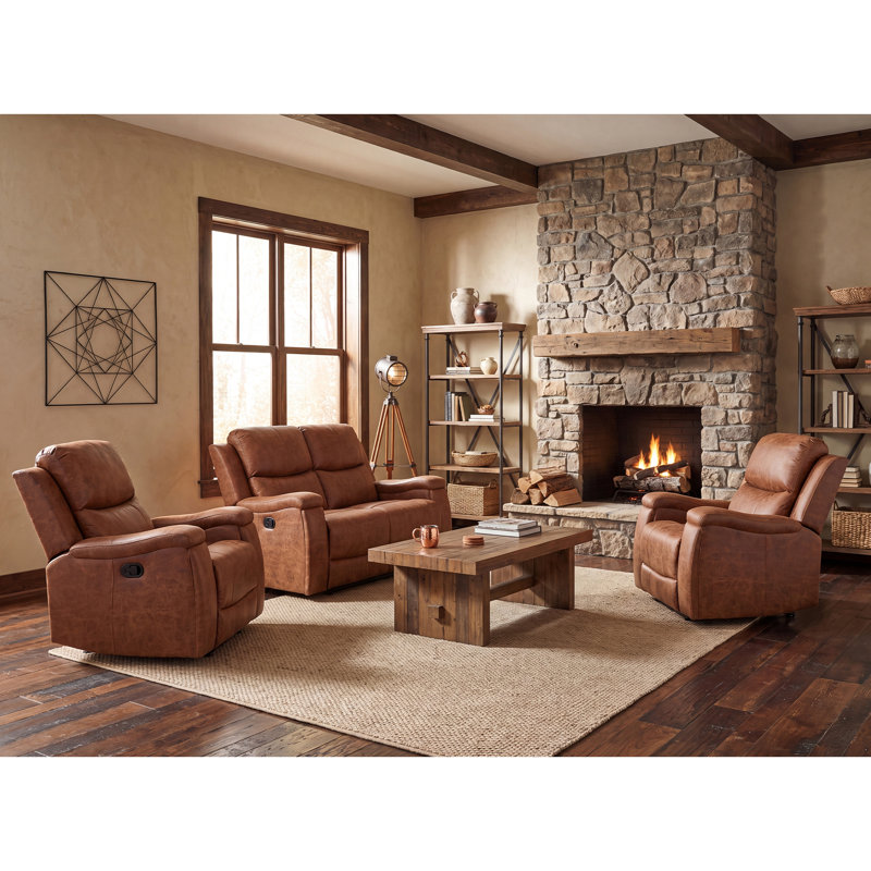 3-Piece Vegan Leather Reclining Living Room Set, Cognac