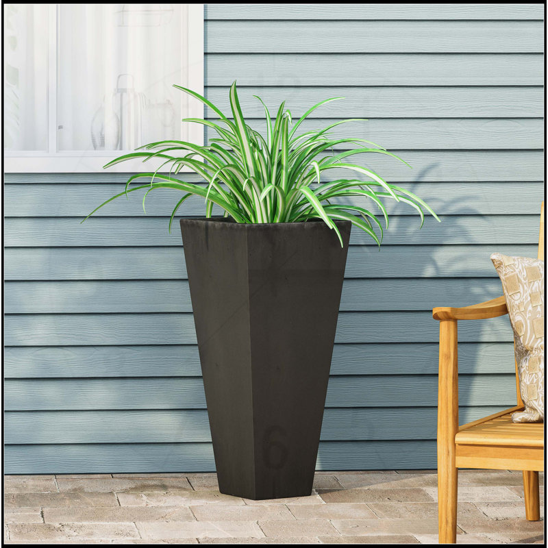 Outdoor Modern MGO Cast Stone Planter, 28.5" H x 13" W x 13" D, Black