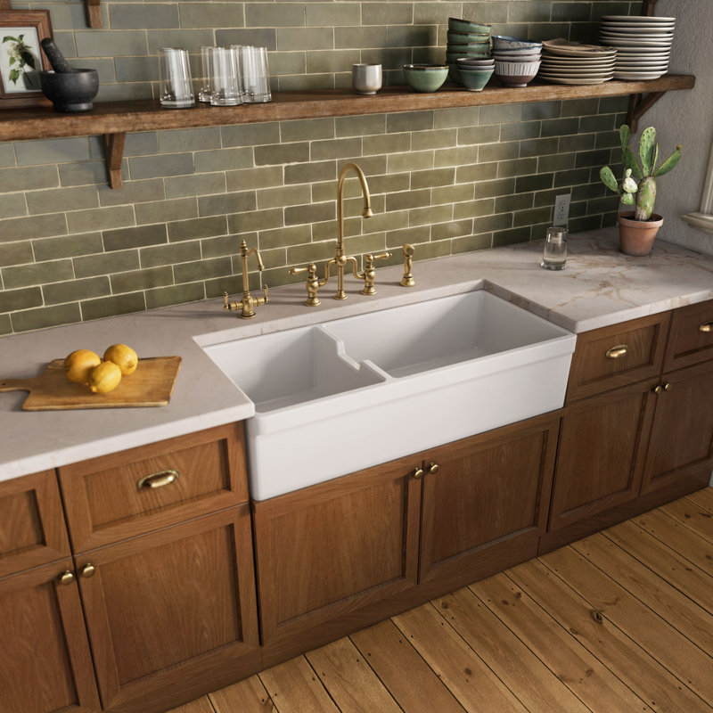 Glencove Fireclay 42" x 20" Double Bowl Reversible Sink with Beveled Front Apron and a Decorative Lip on the Opposite Side