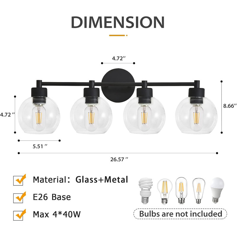 Matte Black Vanity Light Fixture With Clear Glass Shades, 4-Light Bathroom Lighting For Mirror, Stairs, And Kitchen, Industrial Modern Design