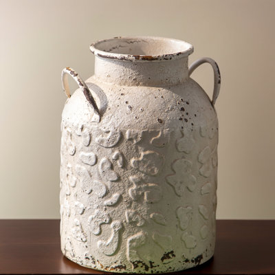 White Distressed Metal Double-Handled Tabletop Vase