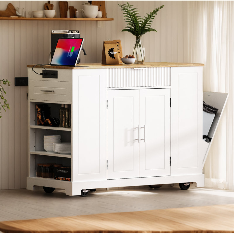 Kitchen Island With Trash Can, Rolling Kitchen Island With Power Outle Rolling Kitchen Islands Cart On 5 Wheels With 3 Drawer, 3 Open Side Racks For 10 Gallon Garbage Bin