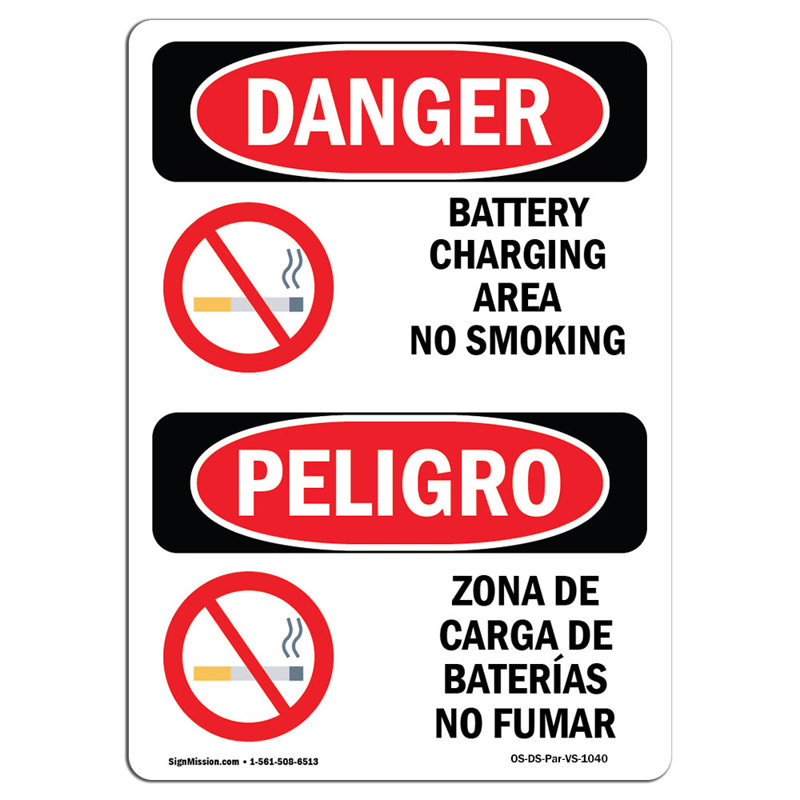 Signe de danger de la zone de chargement de la batterie interdisant de fumer, H 18 po x l 12 po x P 0,1 po