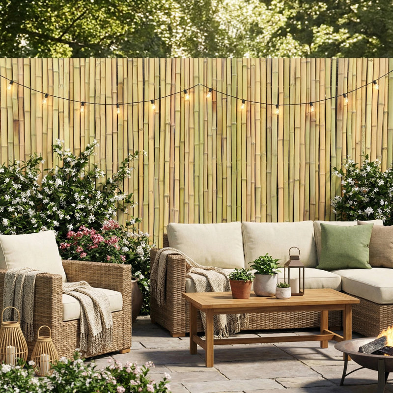 Natural White Bamboo Fence Panel, Outdoor Privacy Fence For Garden, Patio & Backyard, Natural White, 3' H x 6' W