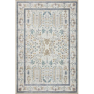 Tapis tissé à motif botanique à bordure bordée et tapis lavable
