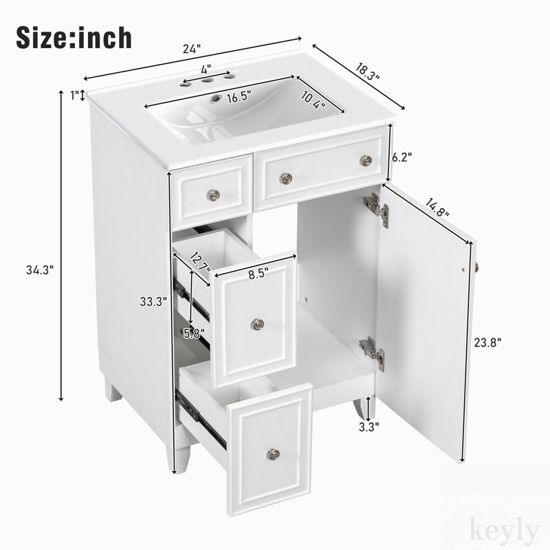 Ensemble de meuble-lavabo simple 24 po avec plateau en céramique Suhavi, Blanc