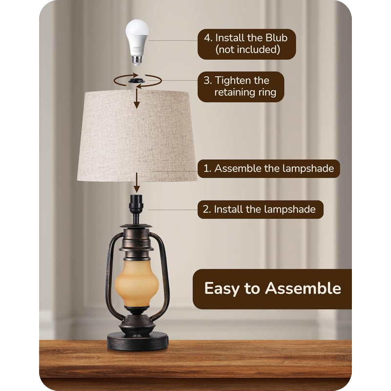 Rustic Black and Gold 21.65" Table Lamp Set with Linen Shade