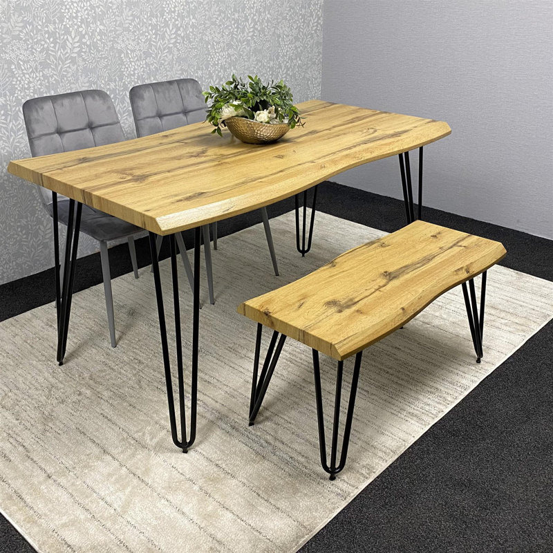 Dining Table(75cm) with 2 Grey Velvet Chairs and 1 Bench Set, 75cmH x 140cmL x 80cmW