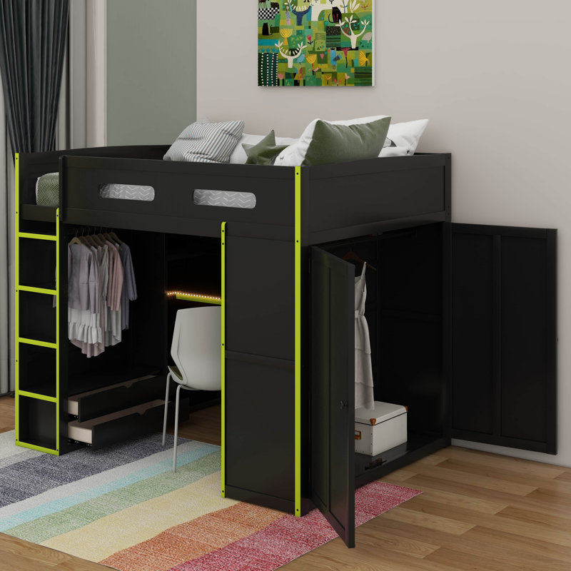 Full Size Wood Loft Bed With Desk,Wardrobe,Ample Storage Space,And RGB LED Light, Green