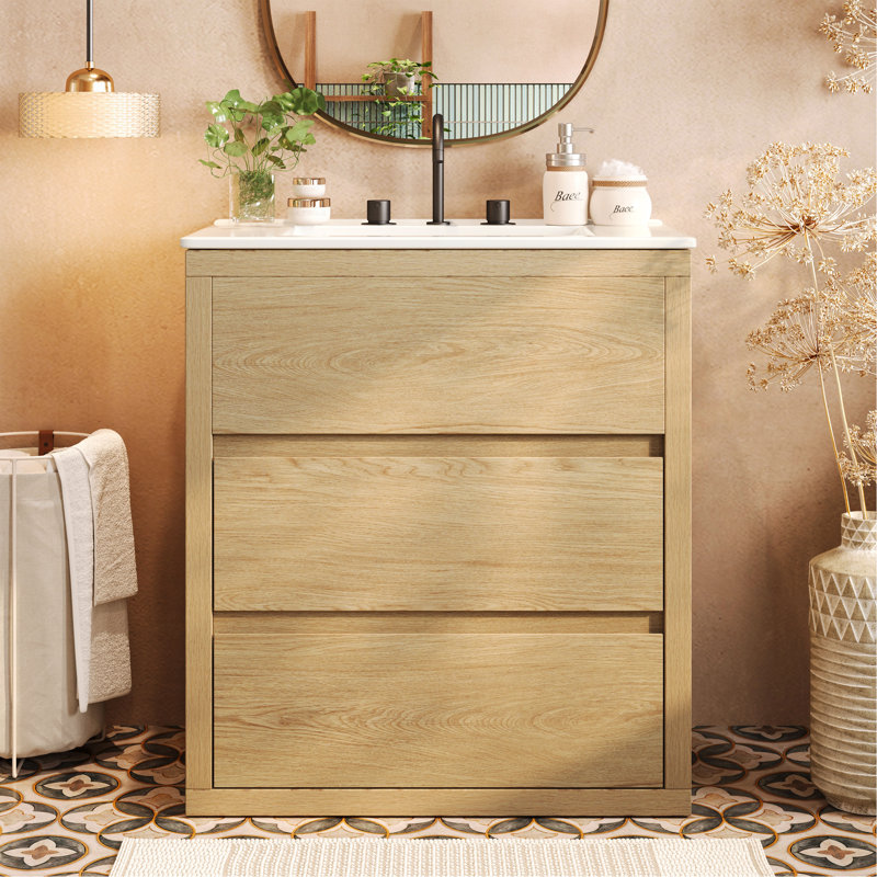 30" Bathroom Vanity With Ceramic Sink And 2 Full-Extension Drawers, Freestanding Bathroom Vanity With 45° Free-Handle Design, Soft Close Undermount Drawer Slides, Natural