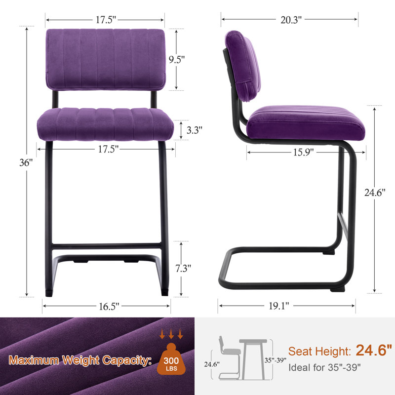 Tabouret de bar / comptoir en velours capitonné à dossier bas Marlow, Tabouret de comptoir (hauteur du siège: 24 po), Mauve