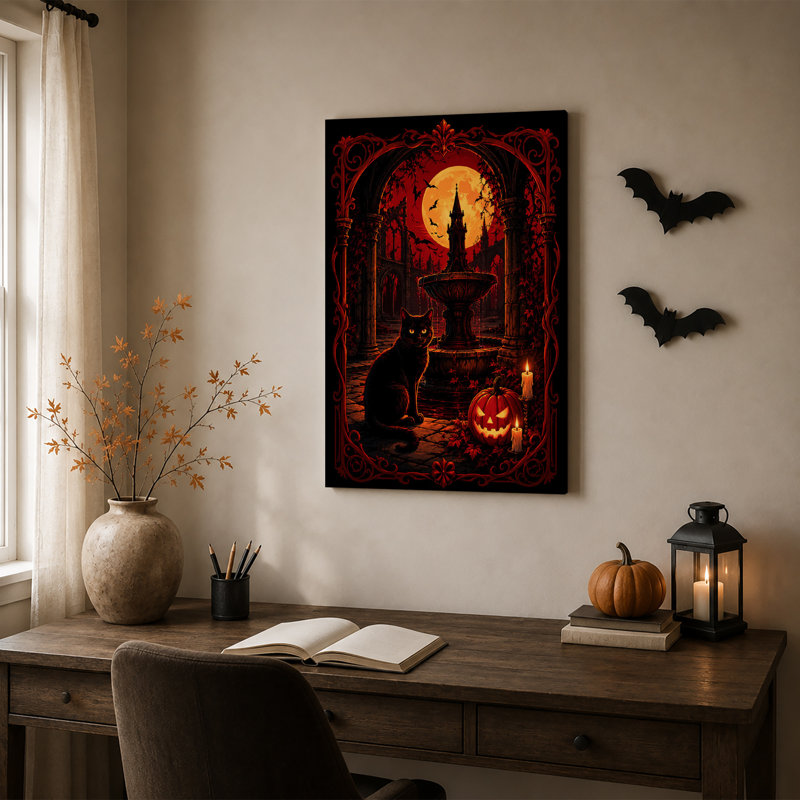 Art de toile d'Halloween chat noir avec citrouille sculptée et château gothique, H 30 po x l 20 po
