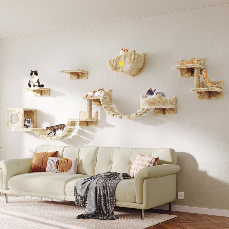 Ensemble de 13 étagères murales pour chat, comprenant un condo pour chat, un lit pour chat et un arbre à chat., Beige