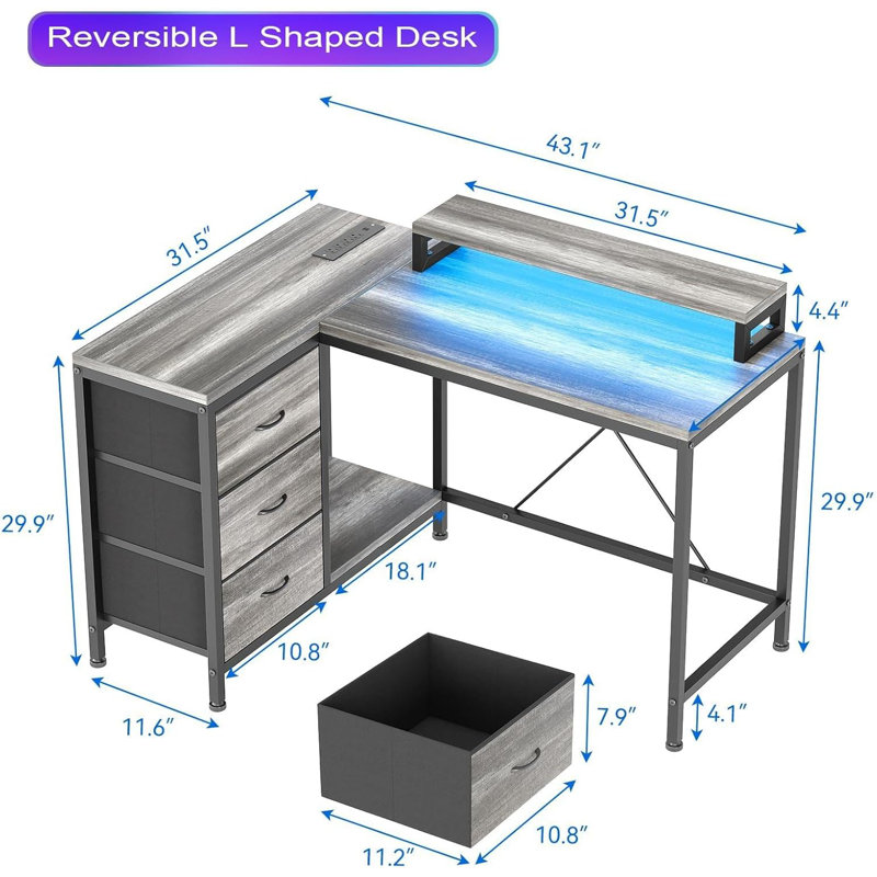 Ergonomic L-Shaped Computer Desk with 4 Power Outlets, 2 USB Ports, 7-LED Lights, Removable Stand, Drawers & Bookshelf