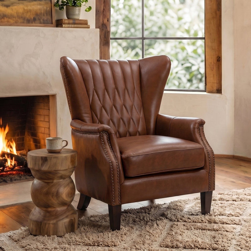 Ameliah Genuine Leather Wingback Club Chair for Office & Home, Brown Genuine Leather