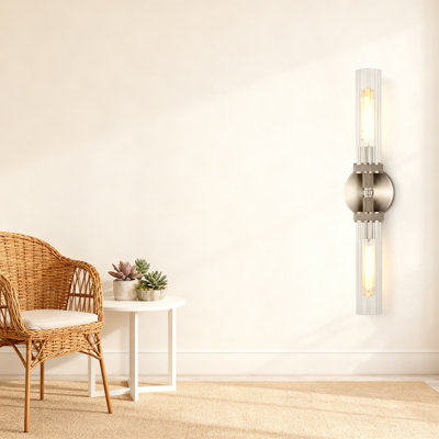 Brushed Nickel Vanity Wall Lights With Rippled Glass Shades, 2-Light Bathroom Sconce For Over Mirror, Textured Metal Body With Chrome Accents, Horizontal Or Vertical Mount