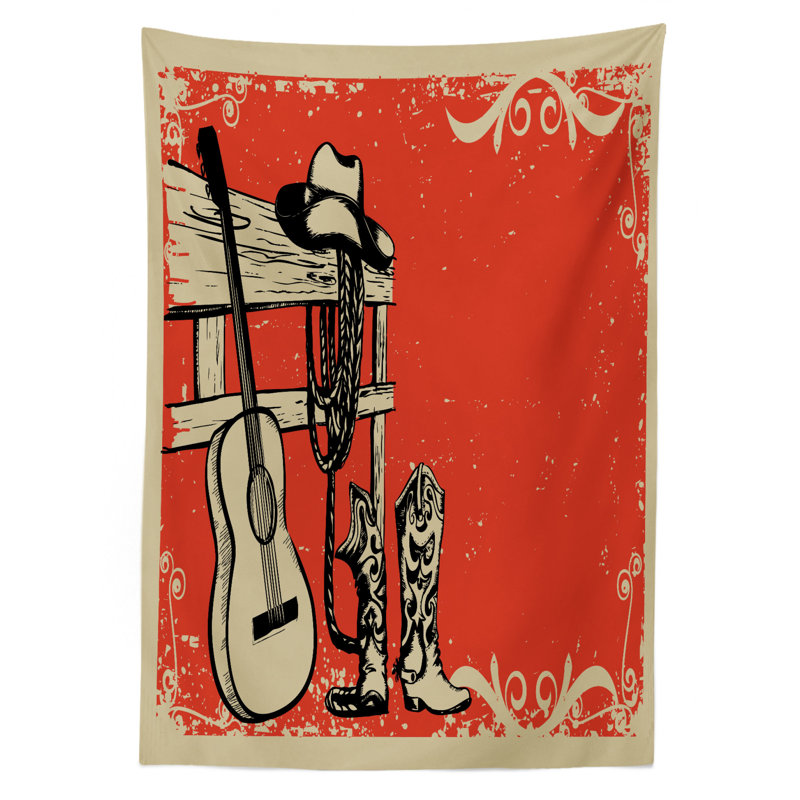 Western Tablecloth, Image Of Wild West Elements With Country Music Guitar And Cowboy Boots Retro Art, Rectangular Table Cover For Dining Room Kitchen Decor, 52" X 70", Beige Orange