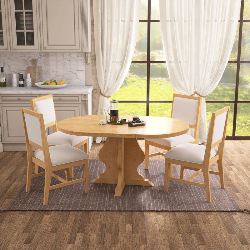 Ensemble de salle à manger extensible 5 pièces Farmhouse - Table avec rallonge et 4 chaises rembourrées, Naturel