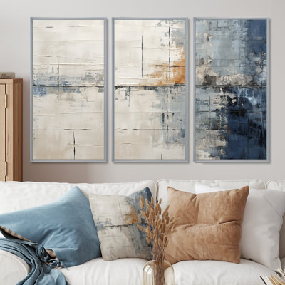 Abstract Blue Beige Road Collage II - Abstract Collages Canvas Wall Art Set