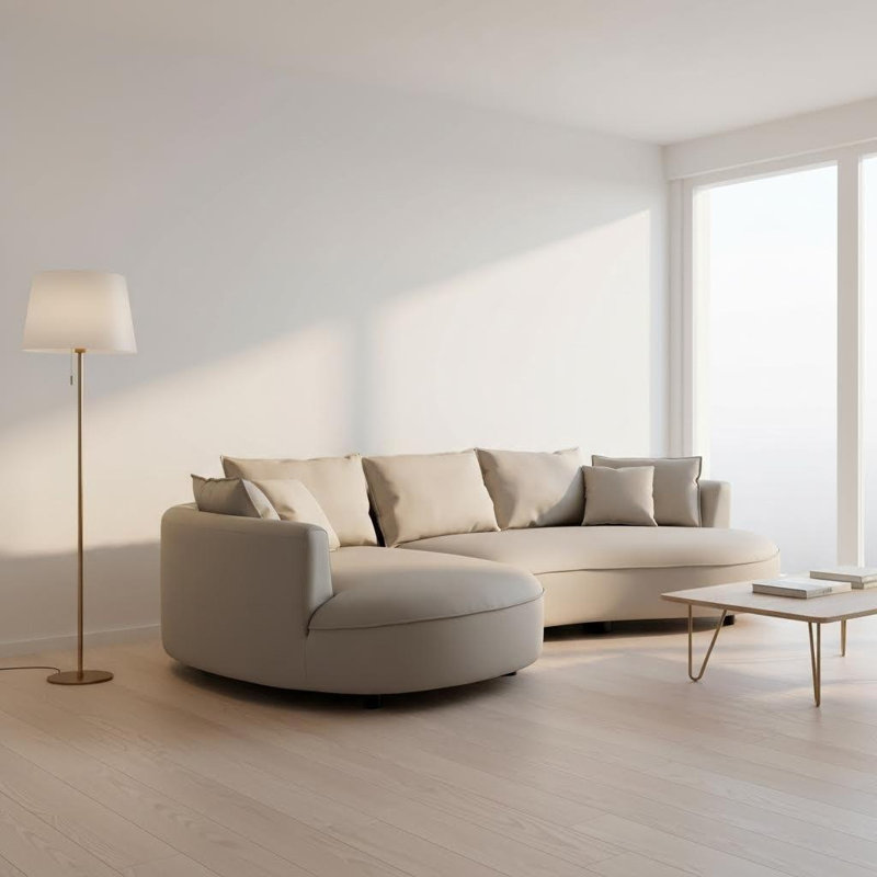 Canapé modulaire en cuir courbé de 128 po avec méridienne et 7 coussins, Similicuir gris, Orienté à gauche (vu de face)