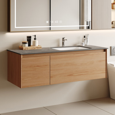 Ensemble de meuble-lavabo simple 47,24 po avec lavabo sous-comptoir, meuble-lavabo mural avec arrêt en pierre gris, bois massif clair