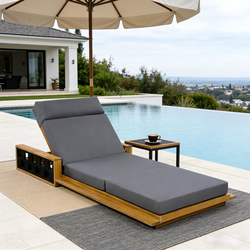 Acacia Wood Chaise Lounge with 4-Fold Dark Gray Cushion - Teak Finish, 4" Thick, 300 lbs Capacity, for Outdoor Patio, Poolside, Garden, Indoor Use - Adjustable Reclining, Modern Coastal Style