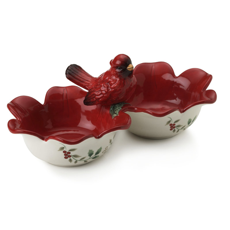Pfaltzgraff Winterberry 2-Section Serve Bowl with Cardinal Icon