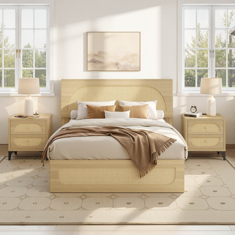 Ensemble de chambre à coucher 3 pièces Boho, Naturel, Double